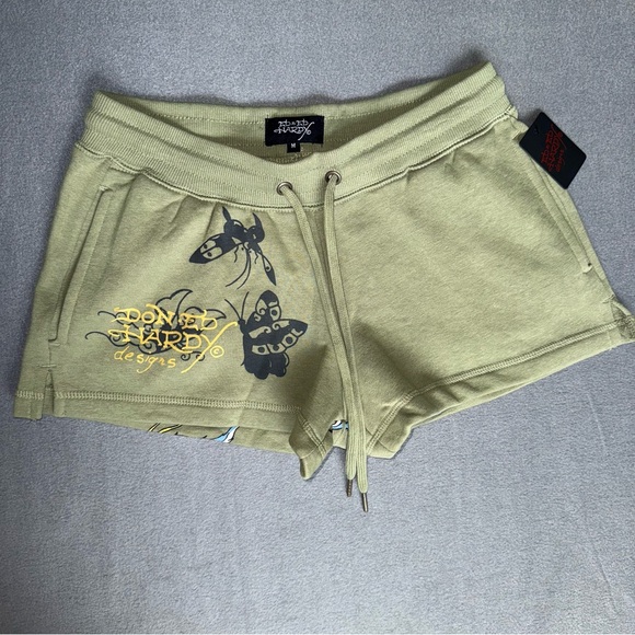 Ed Hardy Olive Green Butterfly Fleece Athletic Shorts Size Medium Wearable‎ Art - Picture 5 of 9